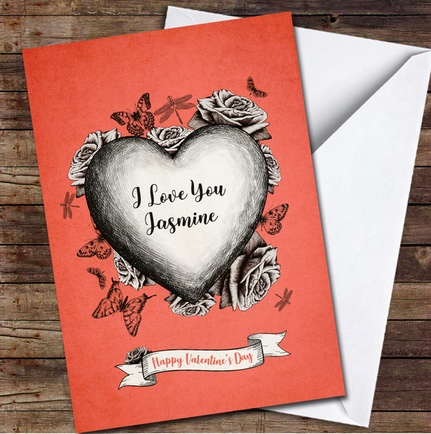 Frame Blooming Roses Flying Butterflies Red Background Valentine's Day Card