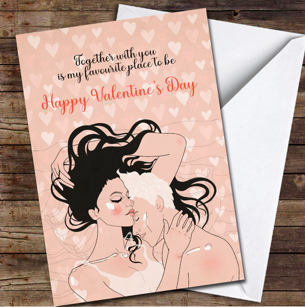 Couple Gently Hugging And Sleep On Hearts Background Valentine's Day Card