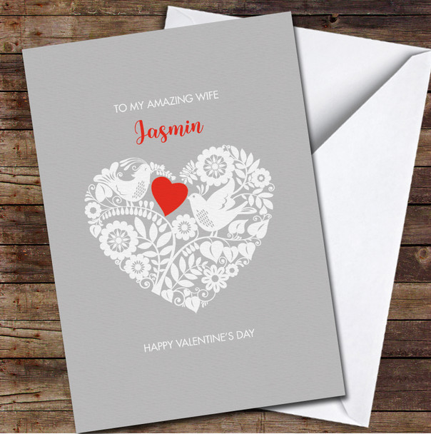 Two Love Birds Floral Lace Ornament Red Heart Grey Valentine's Day Card