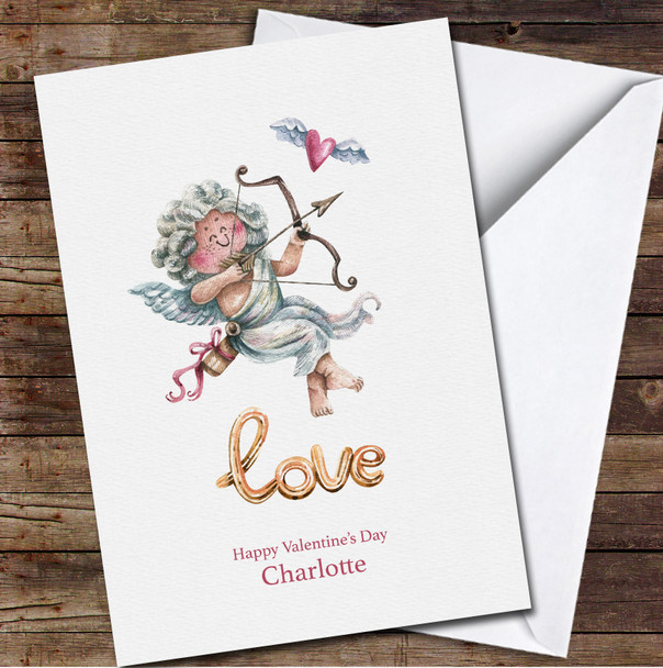 Cute Watercolor Cupid Character In Vintage Style Valentine's Day Card