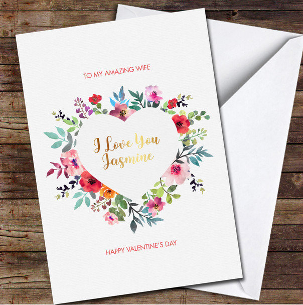 Hand Drawn Watercolor Bouquet Heart Gold Letters Valentine's Day Card