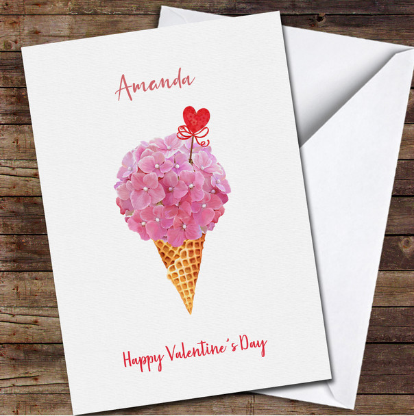 Hydrangea In Waffle Cone Ice Cream With Heart Personalized Valentine's Day Card