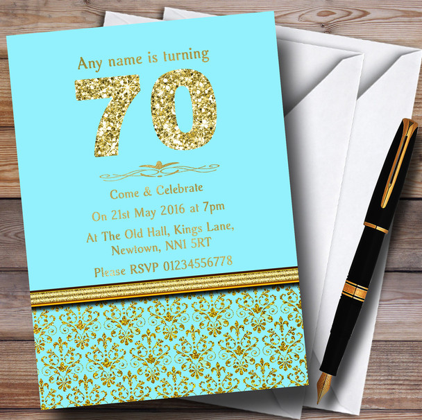 Aqua Sky Blue & Gold Vintage Damask 70Th Personalized Birthday Party Invitations