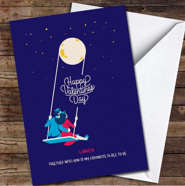 Love Couple Sitting On Bench Looking At Moon Personalized Valentine's Day Card