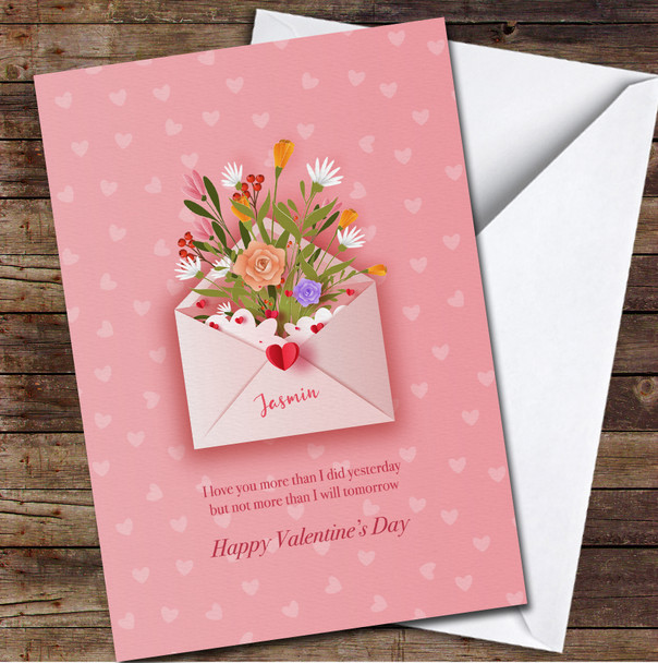 Love Letter With A Bunch Of Flowers On Pink Personalized Valentine's Day Card