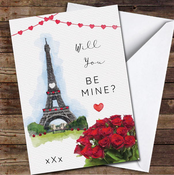 Eiffel Tower Roses Traditional Watercolor Personalized Valentine's Day Card