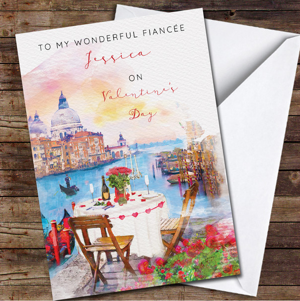 Fiancée Romantic Dinner Venice Watercolor Personalized Valentine's Day Card