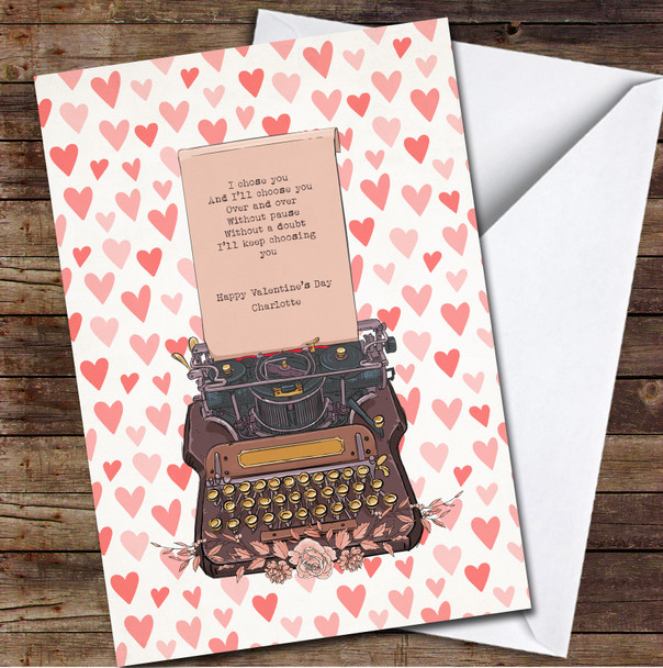 Hand-Drawn Vintage Typewriter With Hearts Personalized Valentine's Day Card