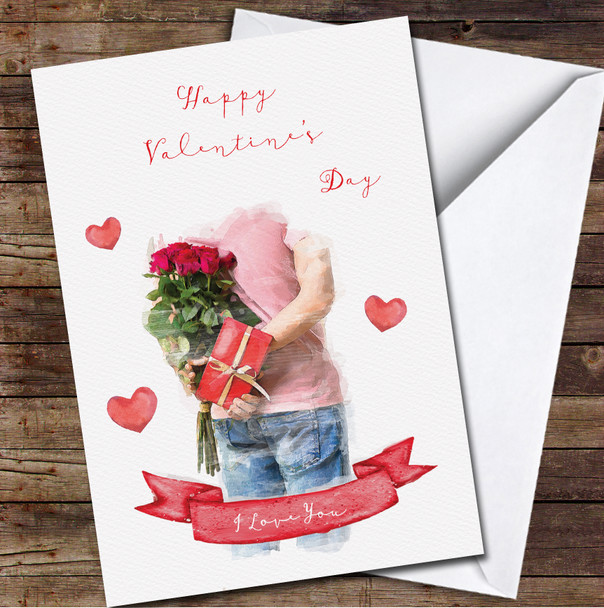 Man Holding Gifts Watercolor Hearts Personalized Valentine's Day Card