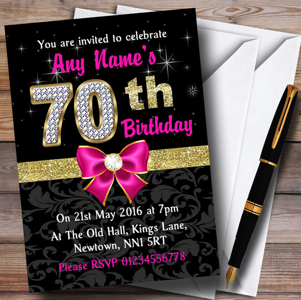 Pink Black Gold Diamond 70Th Birthday Party Personalized Invitations