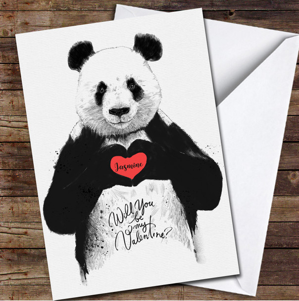 Panda Bear Holding A Heart Personalized Valentine's Day Card