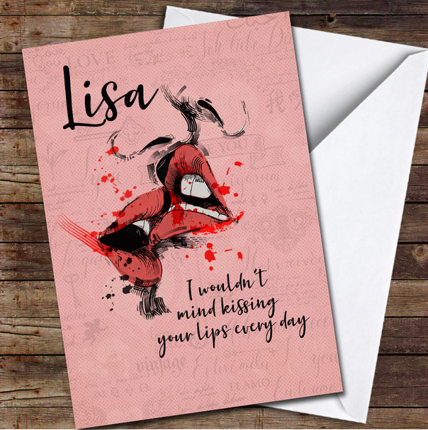 Female Lips Kissing Pink Personalized Valentine's Day Card