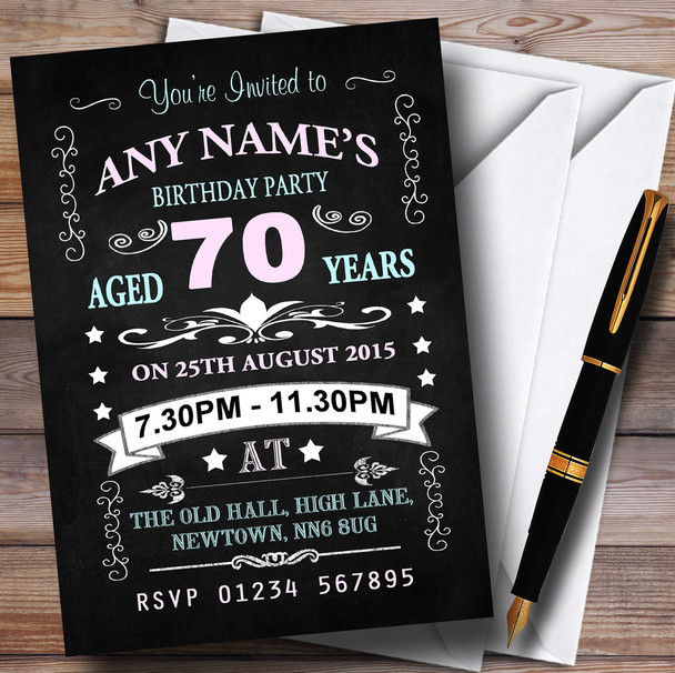Vintage Chalkboard Style Pink And Blue 70Th Birthday Party Personalized Invitations
