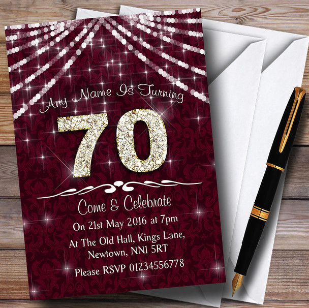 70Th Claret & White Bling Sparkle Birthday Party Personalized Invitations