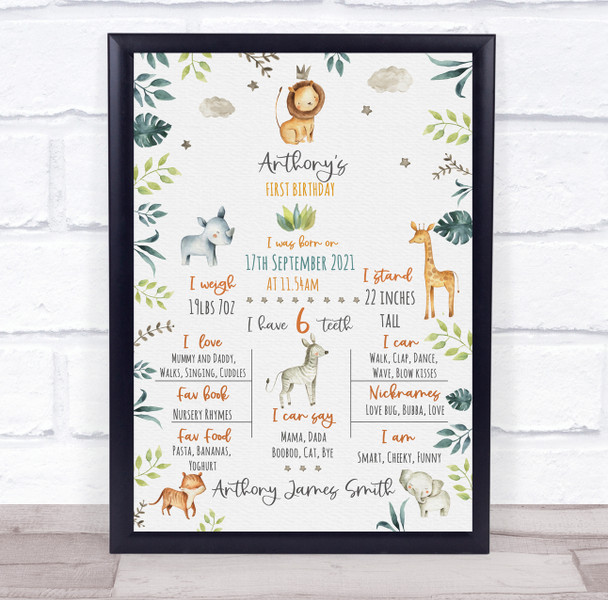 Safari Animals 1st Birthday First Year Baby Milestones Interests Print