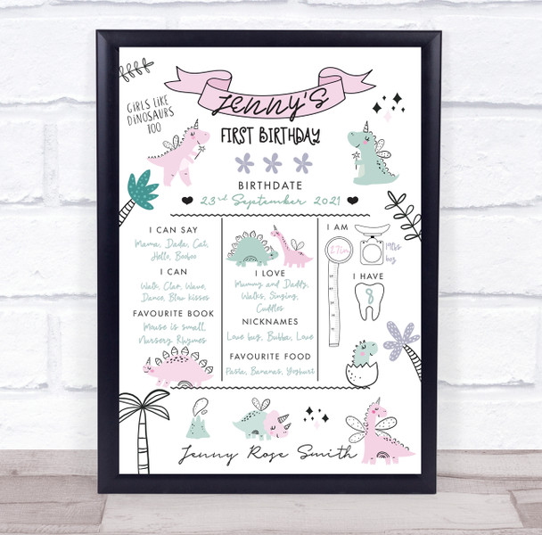 1st Birthday First Year Baby Milestones Interests Girl Dinosaurs Print