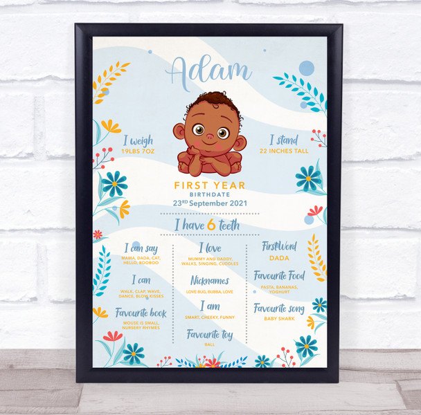 1st Birthday Dark Skin Boy First Year Baby Milestones Interests Print