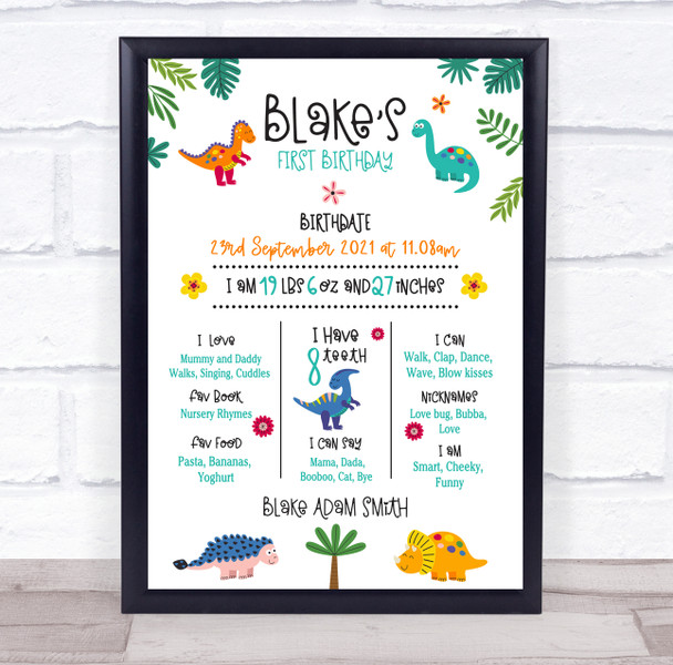 1st Birthday First Year Baby Milestones Interests Cute Dinosaur Print