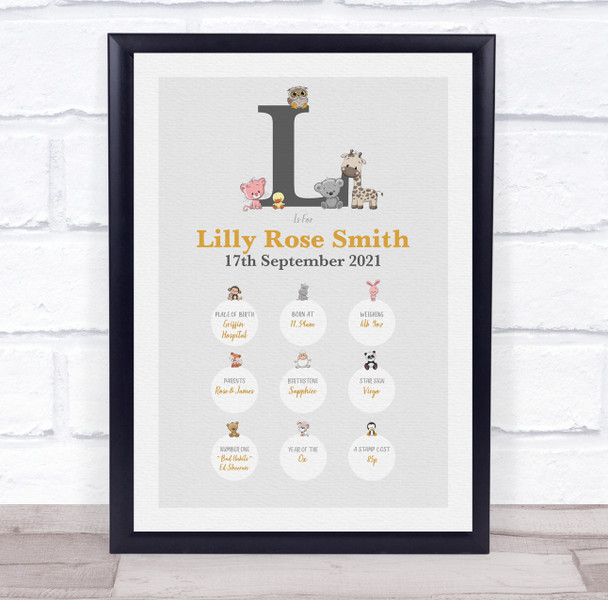 New Baby Birth Details Christening Nursery Animals Initial L Keepsake Gift Print