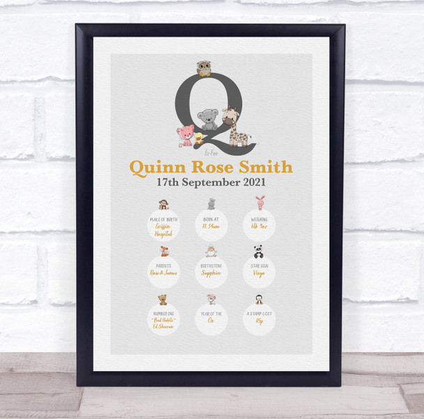 New Baby Birth Details Christening Nursery Animals Initial Q Keepsake Gift Print