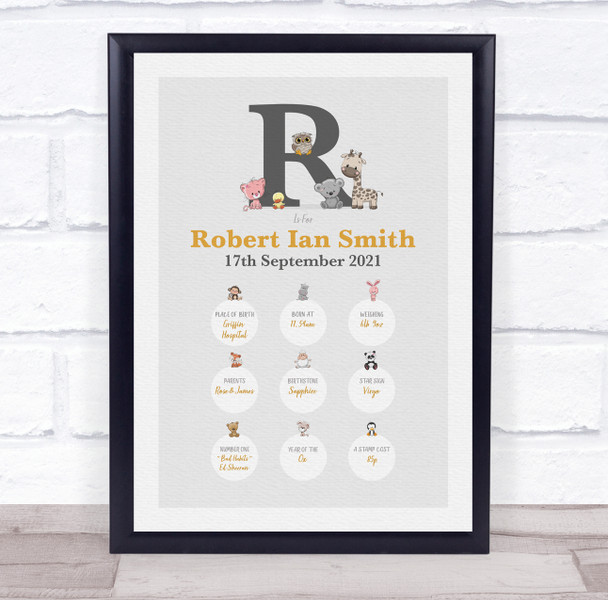 New Baby Birth Details Christening Nursery Animals Initial R Keepsake Gift Print