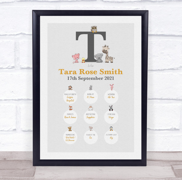 New Baby Birth Details Christening Nursery Animals Initial T Keepsake Gift Print