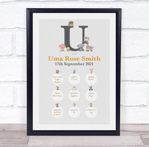 New Baby Birth Details Christening Nursery Animals Initial U Keepsake Gift Print