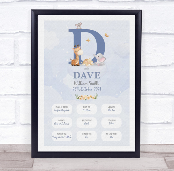 New Baby Birth Details Christening Nursery Blue Initial D Keepsake Gift Print