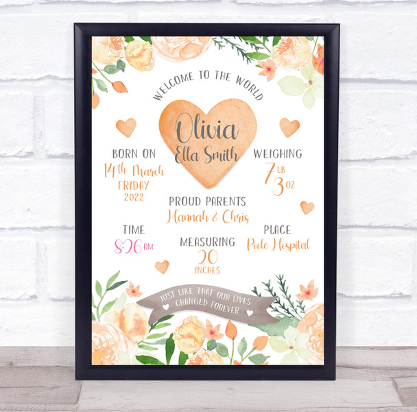 New Baby Birth Details Nursery Christening Orange Floral Keepsake Gift Print