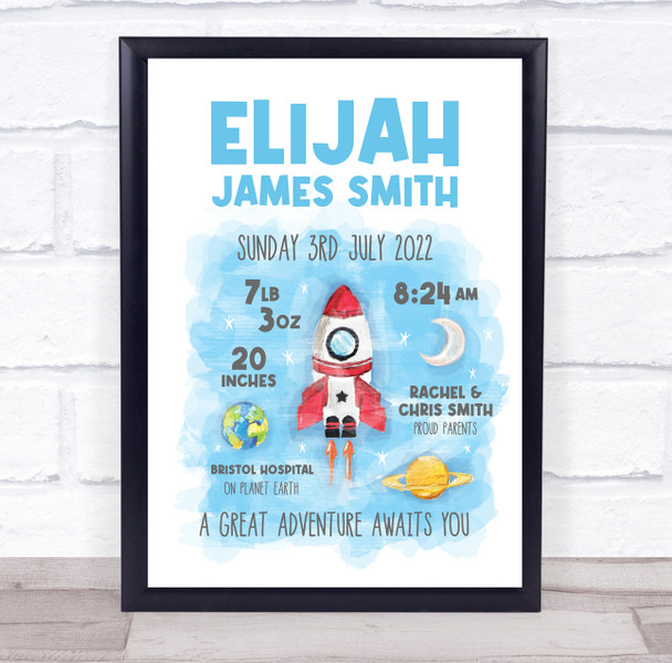 New Baby Birth Details Nursery Christening Space Rockets Keepsake Gift Print