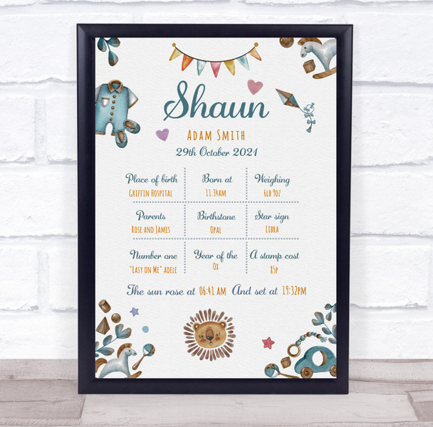 New Baby Birth Details Christening Nursery Boy Elements Keepsake Gift Print