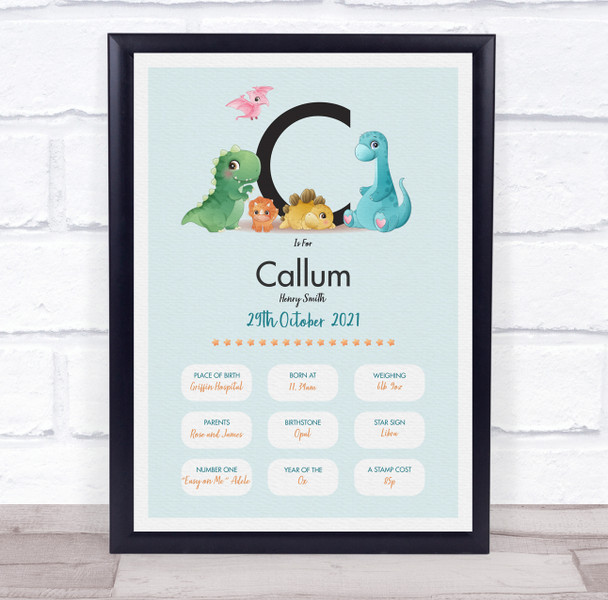 New Baby Birth Details Christening Nursery Dinosaur Initial C Gift Print