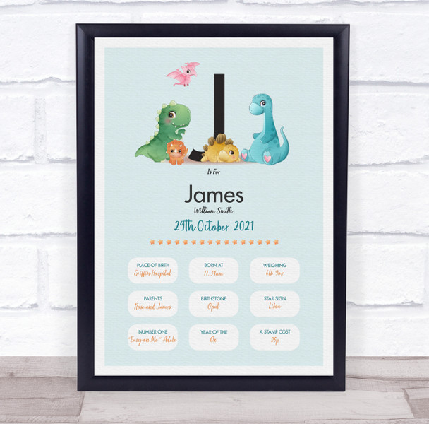 New Baby Birth Details Christening Nursery Dinosaur Initial J Gift Print