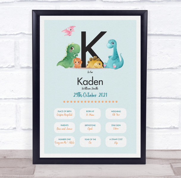 New Baby Birth Details Christening Nursery Dinosaur Initial K Gift Print