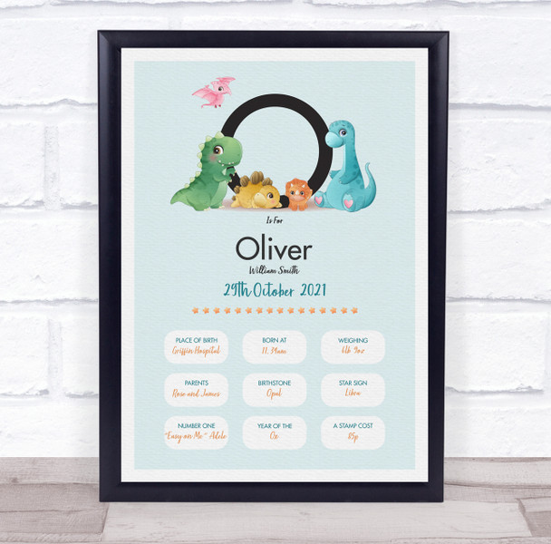 New Baby Birth Details Christening Nursery Dinosaur Initial O Gift Print