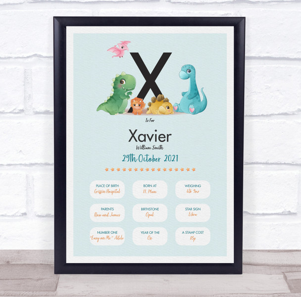 New Baby Birth Details Christening Nursery Dinosaur Initial X Gift Print