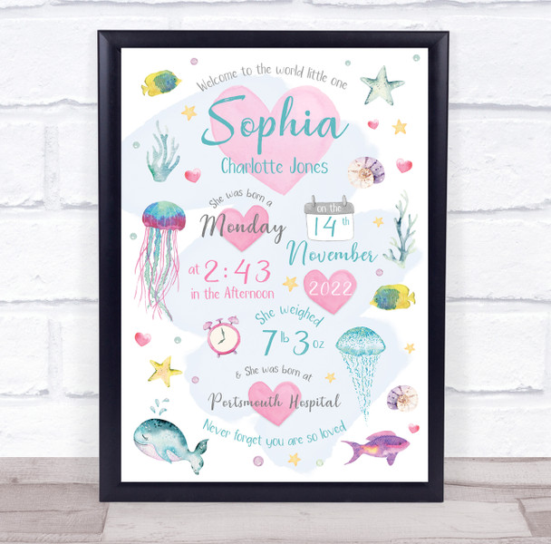 New Baby Birth Nursery Christening Unser Sea Sealife Keepsake Gift Print