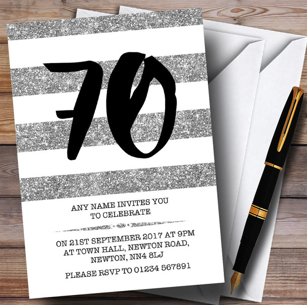 Glitter Silver & White Striped 70th Personalized Birthday Party Invitations