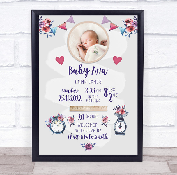 New Baby Birth Nursery Christening Girl Floral Photo Keepsake Gift Print