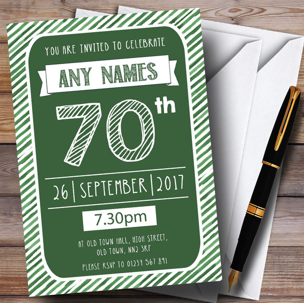 Green & White Stripy Deco 70th Personalized Birthday Party Invitations
