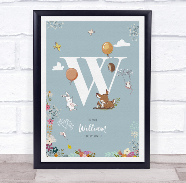 New Baby Birth Details Christening Nursery Woodland Animals Initial W Gift Print