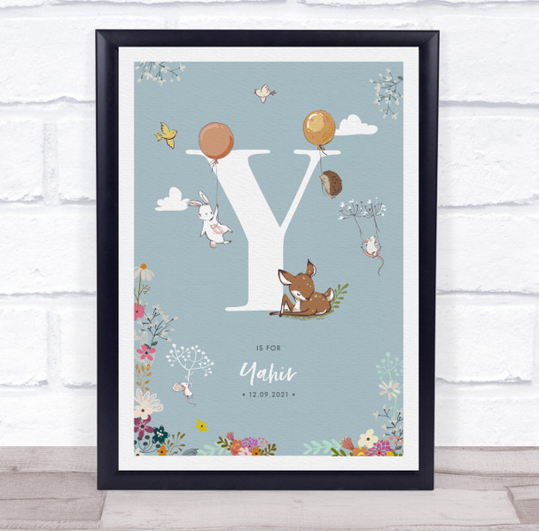New Baby Birth Details Christening Nursery Woodland Animals Initial Y Gift Print