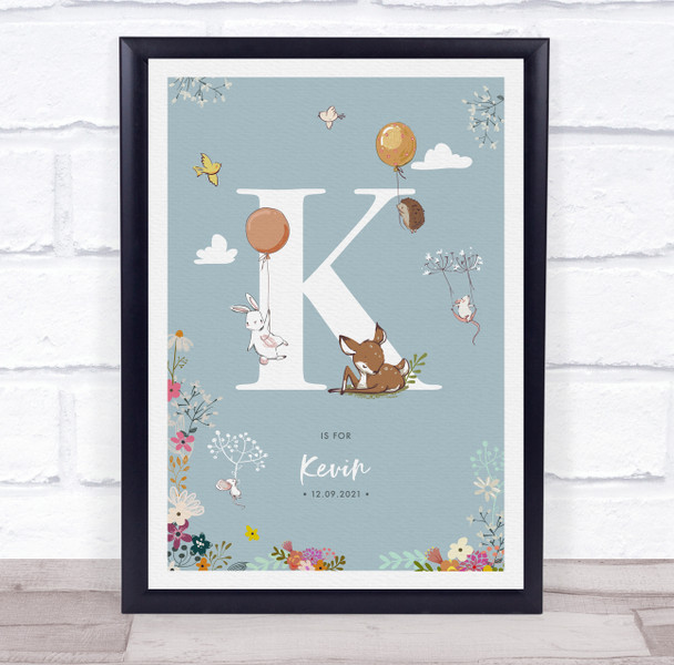 New Baby Birth Details Christening Nursery Woodland Animals Initial K Gift Print