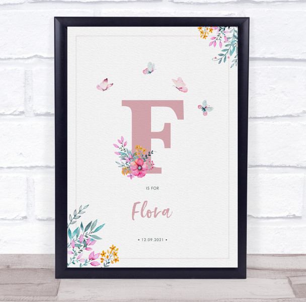 Pink Initial F Watercolour Flowers Baby Birth Details Nursery Christening Print