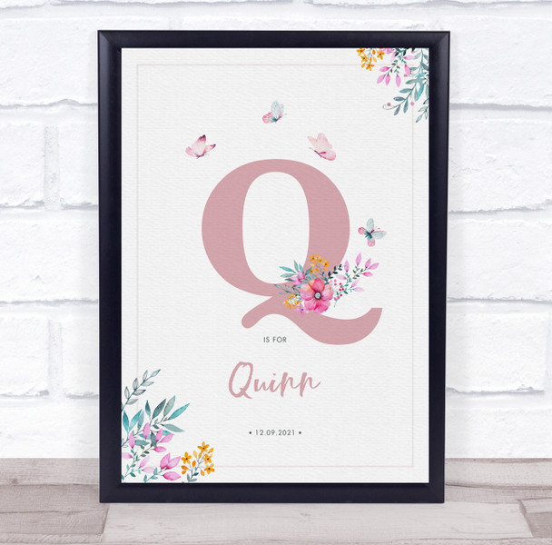 Pink Initial Q Watercolour Flowers Baby Birth Details Nursery Christening Print
