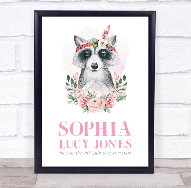 New Baby Birth Details New-born Nursery Christening Raccoon Keepsake Gift Print New Baby Birth Details New-born Nursery Christening Raccoon Keepsake Gift Print