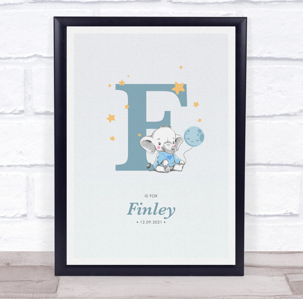 New Baby Birth Details Christening Nursery Blue Elephant Initial F Gift Print