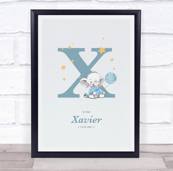 New Baby Birth Details Christening Nursery Blue Elephant Initial X Gift Print