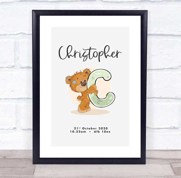 New Baby Birth Details Christening Nursery Bear Initial C Keepsake Gift Print