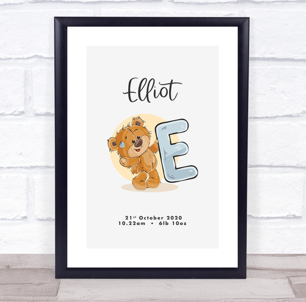 New Baby Birth Details Christening Nursery Bear Initial E Keepsake Gift Print